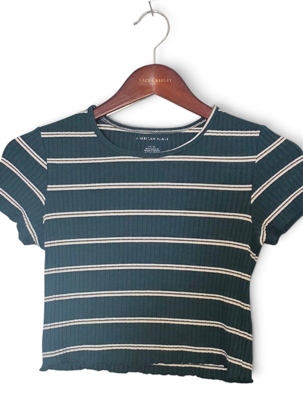 American Eagle Green Striped Ribbed Baby Tee Fitted Cropped Short Sleeve Top S